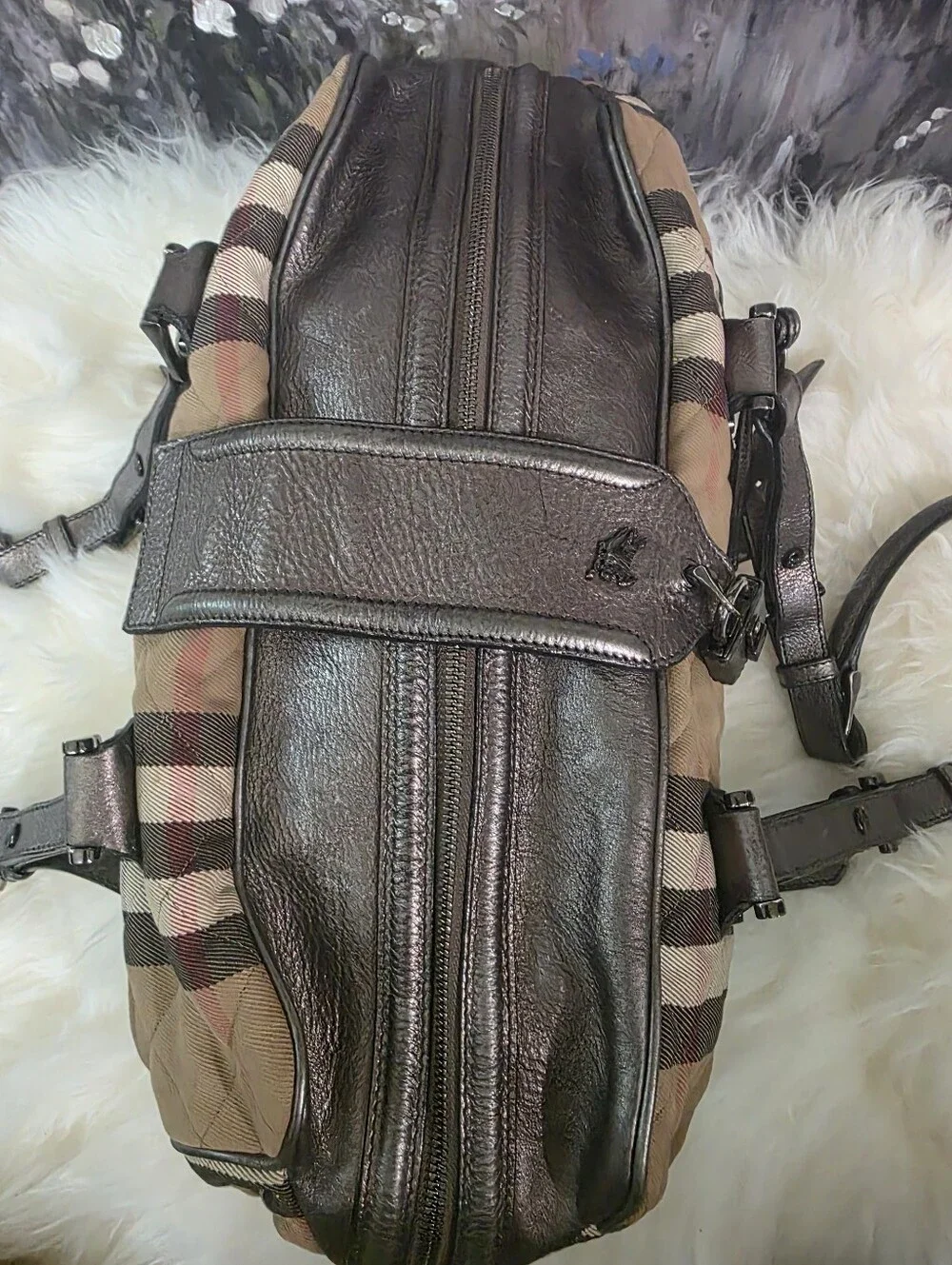 Burberry Tan Check Canvas Duffel Bag with Dark Brown Leather Trim